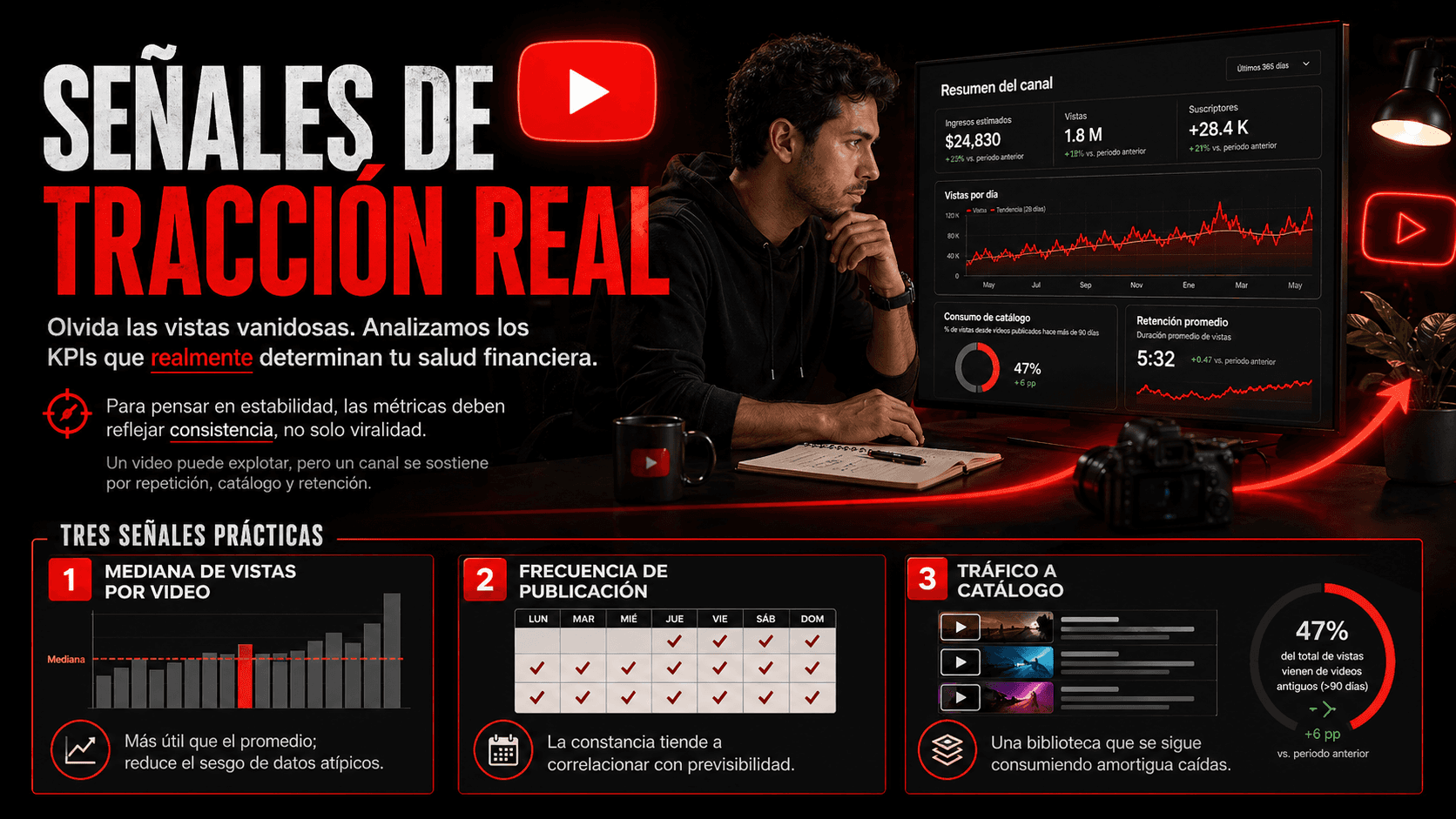 Señales de tracción real en YouTube: mediana de vistas, frecuencia de publicación y tráfico a catálogo